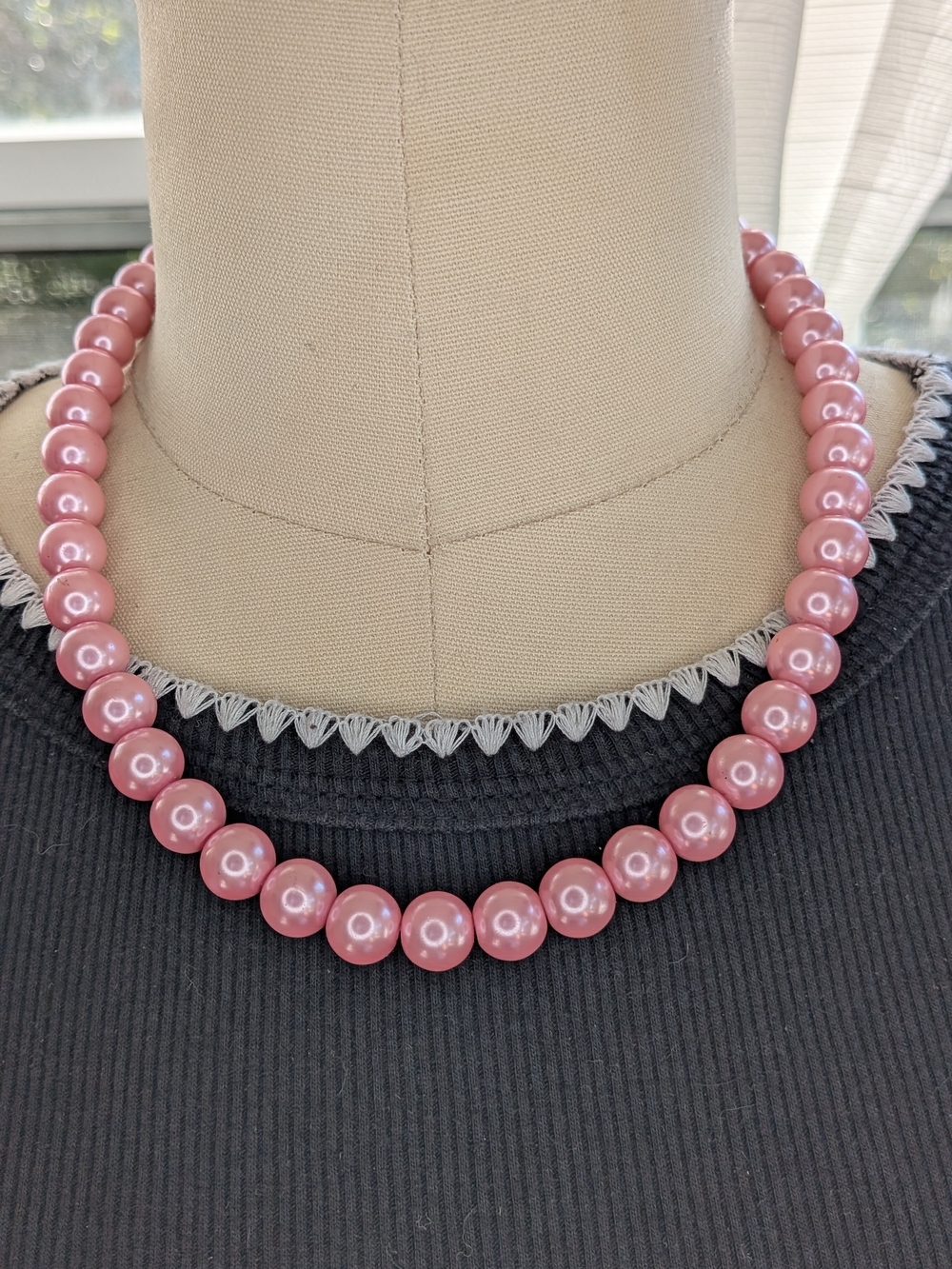 Vintage Chunky Pink Glass Faux Pearl Strand Necklace Heavyweight Lobster Clasp